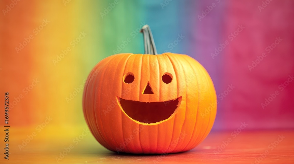 Fototapeta premium Carved halloween pumpkin with a happy face against a colorful rainbow background