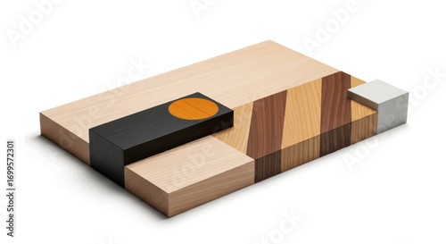 A curated collection of geometric blocks showcasing a diverse palette of wood textures, colors, and materials for modern interior design