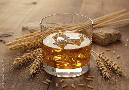 A glass of amber-colored liquor with ice cubes surrounded by wheat stalks and grains on a wooden surface.