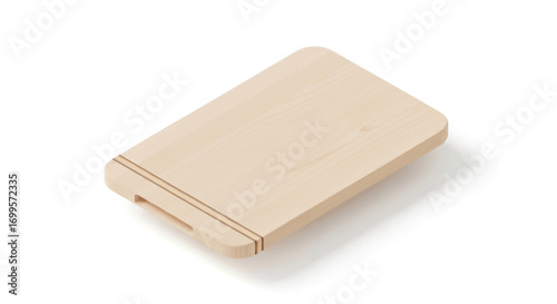 A clean and modern light-colored wooden cutting board with a juice groove and rounded corners, isolated on a white background for culinary concepts