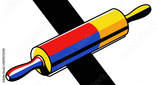 Modernist-inspired rolling pin illustration featuring geometric primary color blocks. Abstract kitchen utensil for baking concepts on a white background