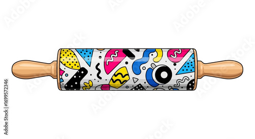 Artistic illustration of a wooden rolling pin decorated with a vibrant and colorful abstract retro 80s Memphis style geometric pattern