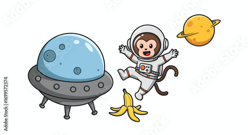 Astronaut monkey floating in space with a UFO and a planet