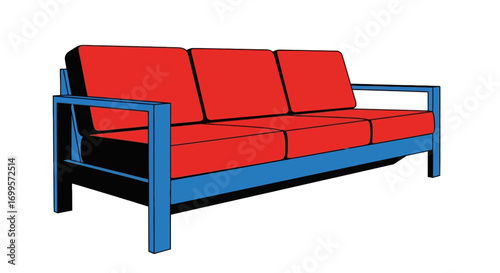 Colorful vector illustration of a modern three-seater sofa with red cushions and a blue frame, isolated on a white background for interior design concepts