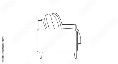 Side view line drawing of a comfortable armchair with a pillow. Simple furniture illustration for interior design plans and catalogs