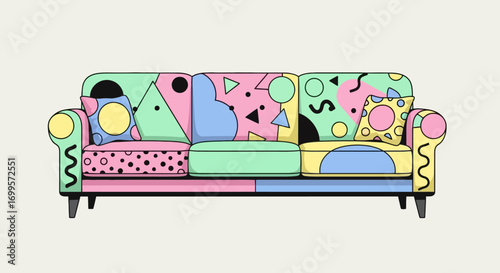 Stylish modern sofa decorated with a vibrant and colorful retro Memphis group design, featuring abstract geometric shapes and patterns