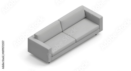 Stylish grey two-seater sofa isolated on a white background, top-down isometric view. Modern minimalist furniture for contemporary living room interior design and home decor concepts
