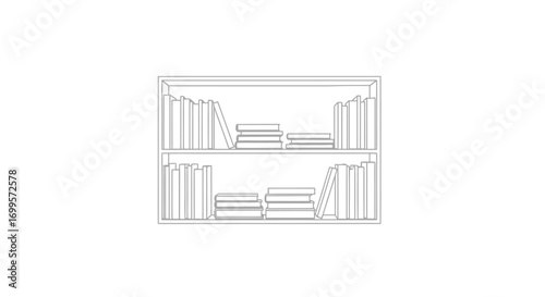 Minimalist black and white line art of a bookshelf filled with books, representing knowledge, education, and organized learning