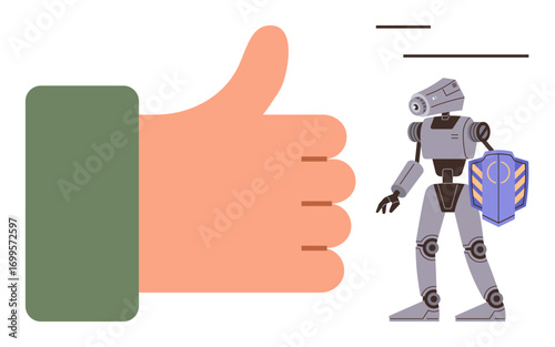 Large hand showing thumbs-up next to robot holding shield, symbolizing trust, security, and innovation. Ideal for technology, AI ethics, robotics, safety, approval innovation simple flat metaphor