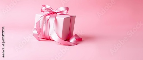 Elegant gift box with pink ribbon on soft pink background,  texture,  wedding