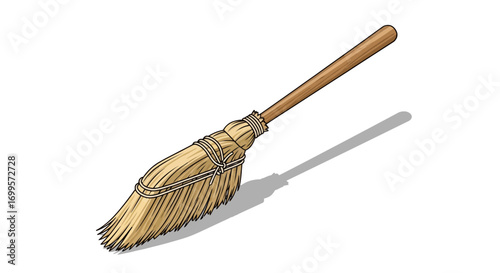 Detailed illustration of a rustic straw broomstick, a traditional symbol of sweeping, cleaning, and magical folklore