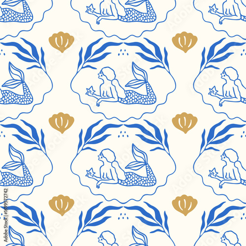 Dreamy Underwater Seamless Pattern with Marine Style Mythical Mermaids