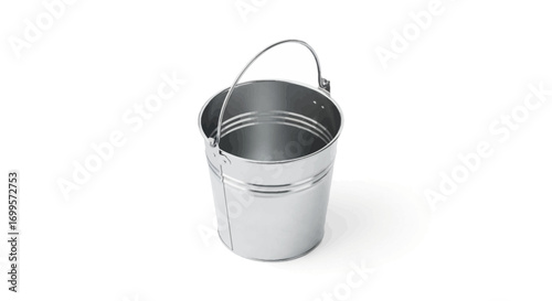 A classic shiny metal bucket with a wire handle, an empty galvanized steel pail isolated on a clean white background for various uses
