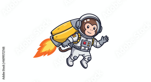 A cartoon monkey in a spacesuit with a banana jetpack