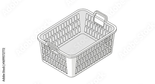 Monochrome line art illustration of an empty plastic laundry basket, a simple household object for organizing clothes and daily chores