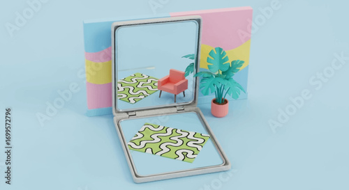 Abstract concept of reality and reflection with a makeup mirror revealing a miniature isometric room. 3D illustration