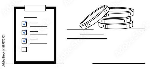 Clipboard with checklist and three stacked coins. Ideal for productivity, goal setting, budget planning, financial management, task prioritization, success tracking, simple flat metaphor