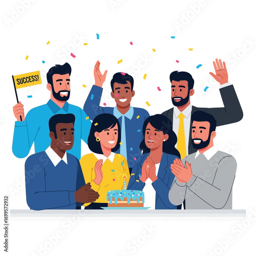 Vector art of a diverse group of business people celebrating success with a cake and confetti