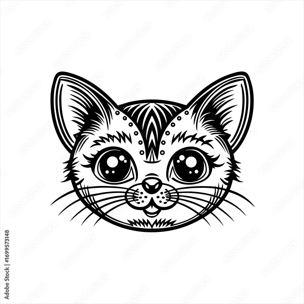 Obraz premium Adorable Black and White Stylized Cat Face Illustration.