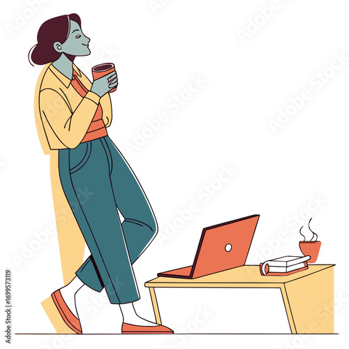 A relaxed woman enjoys a warm beverage while leaning against a wall with her laptop and book nearby