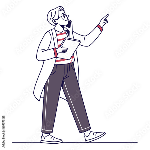 A person in a lab coat holding a clipboard and talking on a phone while pointing upwards