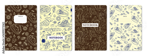 A set of four food-themed notebooks featuring unique illustrated patterns. Each notebook cover showcases various food items in detailed, playful designs. Perfect for culinary enthusiasts.