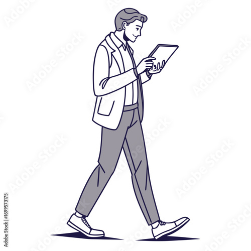 A stylish young man in a suit jacket and trousers walks while looking at a tablet device