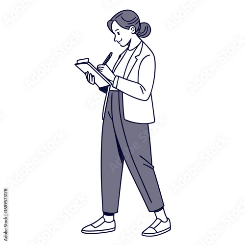 A stylishly dressed woman in a blazer and trousers taking notes on a clipboard while walking