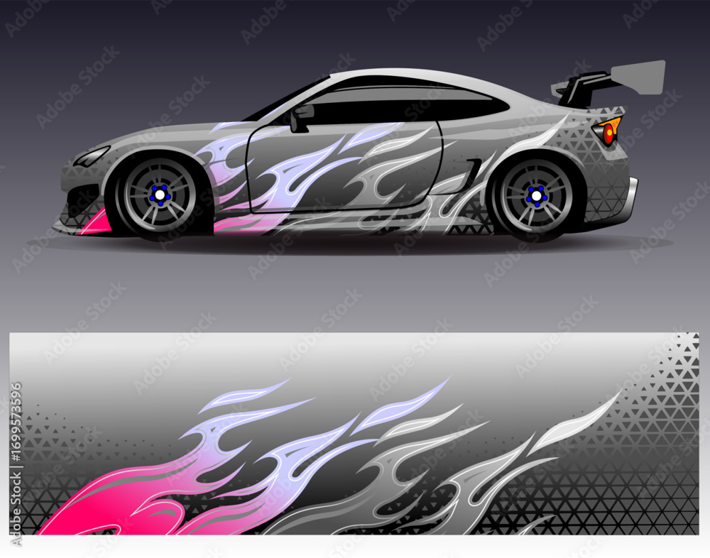 Naklejka premium Car wrap design vector. Graphic abstract stripe racing background designs for vehicle, rally, race, adventure and car racing livery