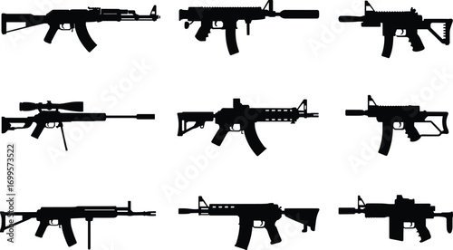  Black silhouette vector illustration of modern rifles, sniper guns, assault weapons, automatic firearms, military equipment collection isolated on white background for design