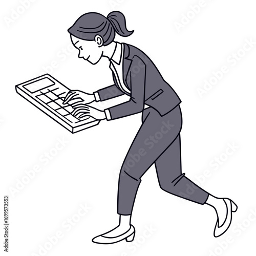 Businesswoman in a suit actively typing on a calculator while walking with determination