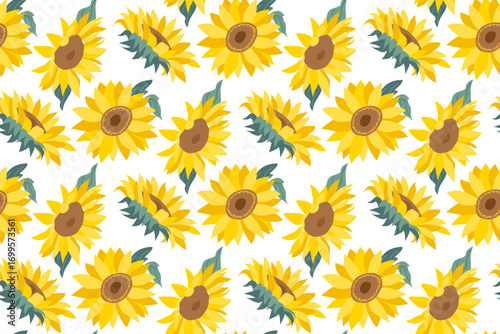 Repeating sunflower pattern vector illustration featuring vibrant yellow flowers and green leaves on a white background. Ideal for design projects requiring a floral motif.