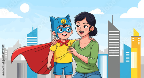 Joyful Mother Embraces Son Dressed as a Superhero with Red Cape in Cityscape