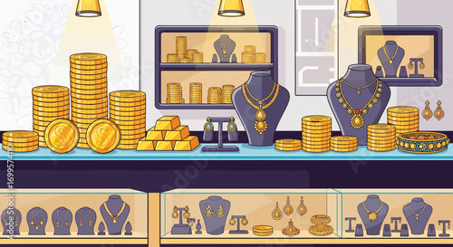 Luxurious Jewelry Store Display with Gold Coins, Ingots, and Gemstone Necklaces