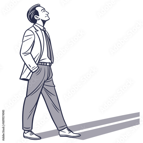 Confident businessman with hands in pockets looking up towards the sky with a hopeful expression