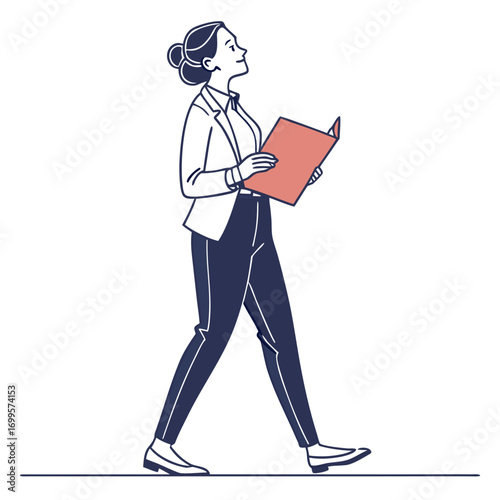 Confident businesswoman walking forward holding a folder and looking up with a determined expression