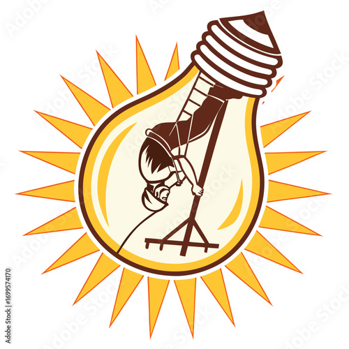 Creative gardener cultivating ideas inside a light bulb surrounded by a sunburst