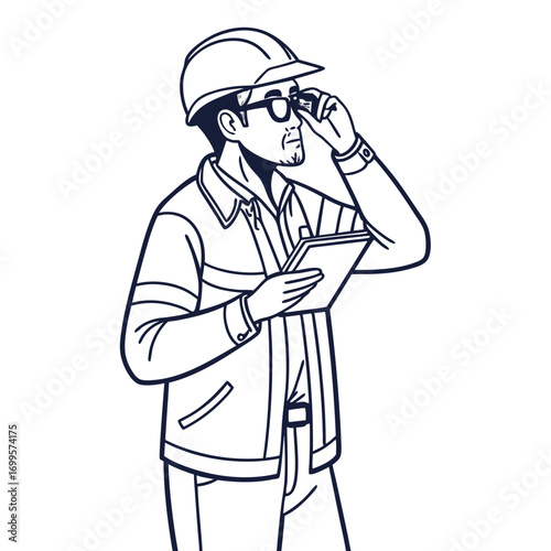 Construction worker wearing hard hat and safety vest holding tablet and adjusting glasses