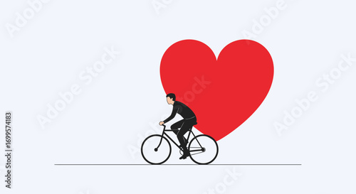 Man in Suit Cycling on Road with Large Red Heart Symbol Behind