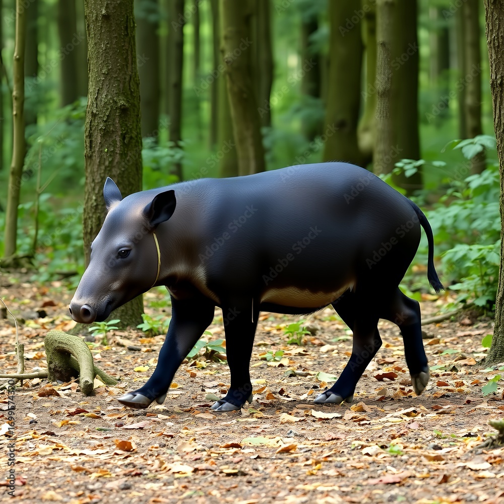 Fototapeta premium A black tapir with a yellow marking on its nose walks through a sunlit forest on a leaf covered floor