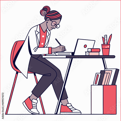 Focused female scientist wearing glasses and a lab coat working diligently at her desk with a laptop and notebook