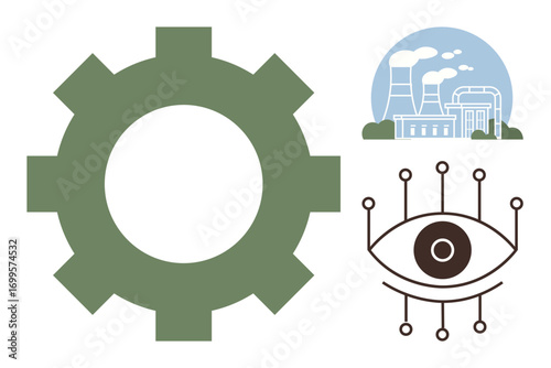 Large green gear, digital eye surrounded by nodes, and factory with chimneys emitting smoke. Ideal for manufacturing, industry, innovation, monitoring, data energy and sustainability. A simple flat