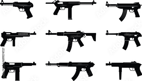 Collection of modern gun silhouette vector illustrations, pistol, rifle, and automatic weapon designs, military firearm set, security, defense, tactical graphic elements