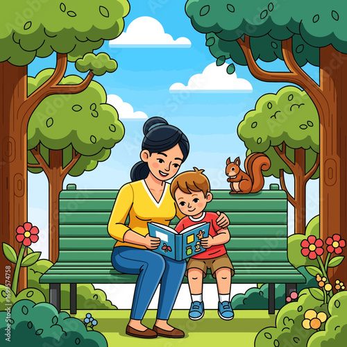 Mother and son reading a book on a park bench amidst trees and flowers, enjoying quality time