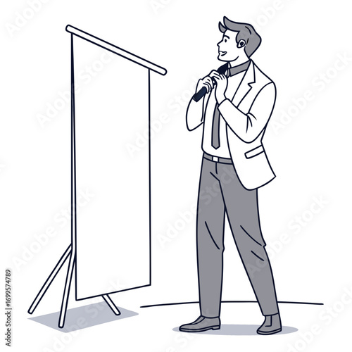 Man in suit speaking into microphone by a blank presentation easel board