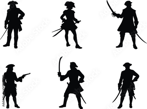 Collection of pirate character silhouettes with swords and pistols, vintage buccaneer costume design, historical adventure vector illustration, sea robber, corsair, naval artwork