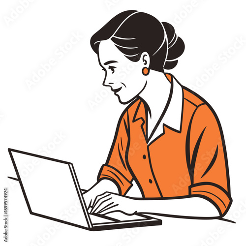 Retro style woman with dark hair and orange shirt typing on a laptop computer with a smile