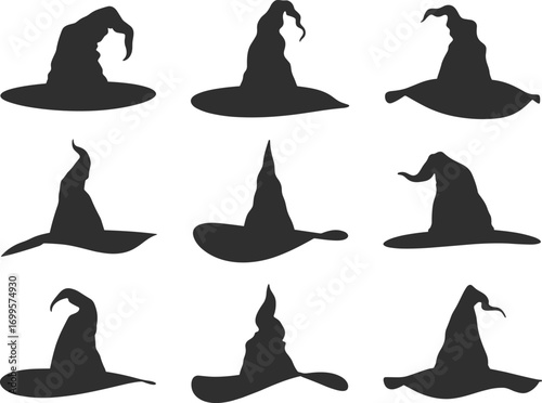  Collection of spooky witch hat silhouettes, Halloween costume accessory icons, magical wizard hat shapes, decorative black vector set for holiday design