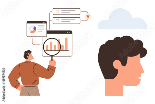 Man examining analytics dashboard with charts under a magnifier. Head silhouette and cloud signify ideas, innovation, and cloud technology. Ideal for data analysis, creativity, business strategy