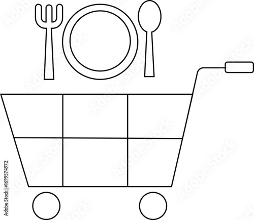 trolley icon and plate and spoon fork icon with white background